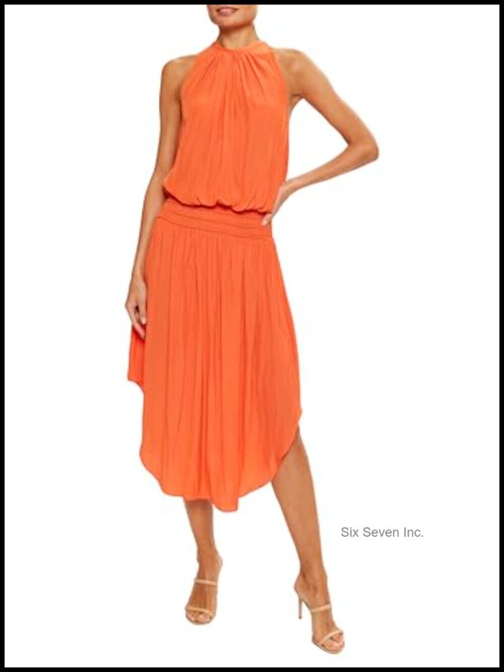 Womens Wrap Midi Dress Sleeveless High Neck Elastic Waist